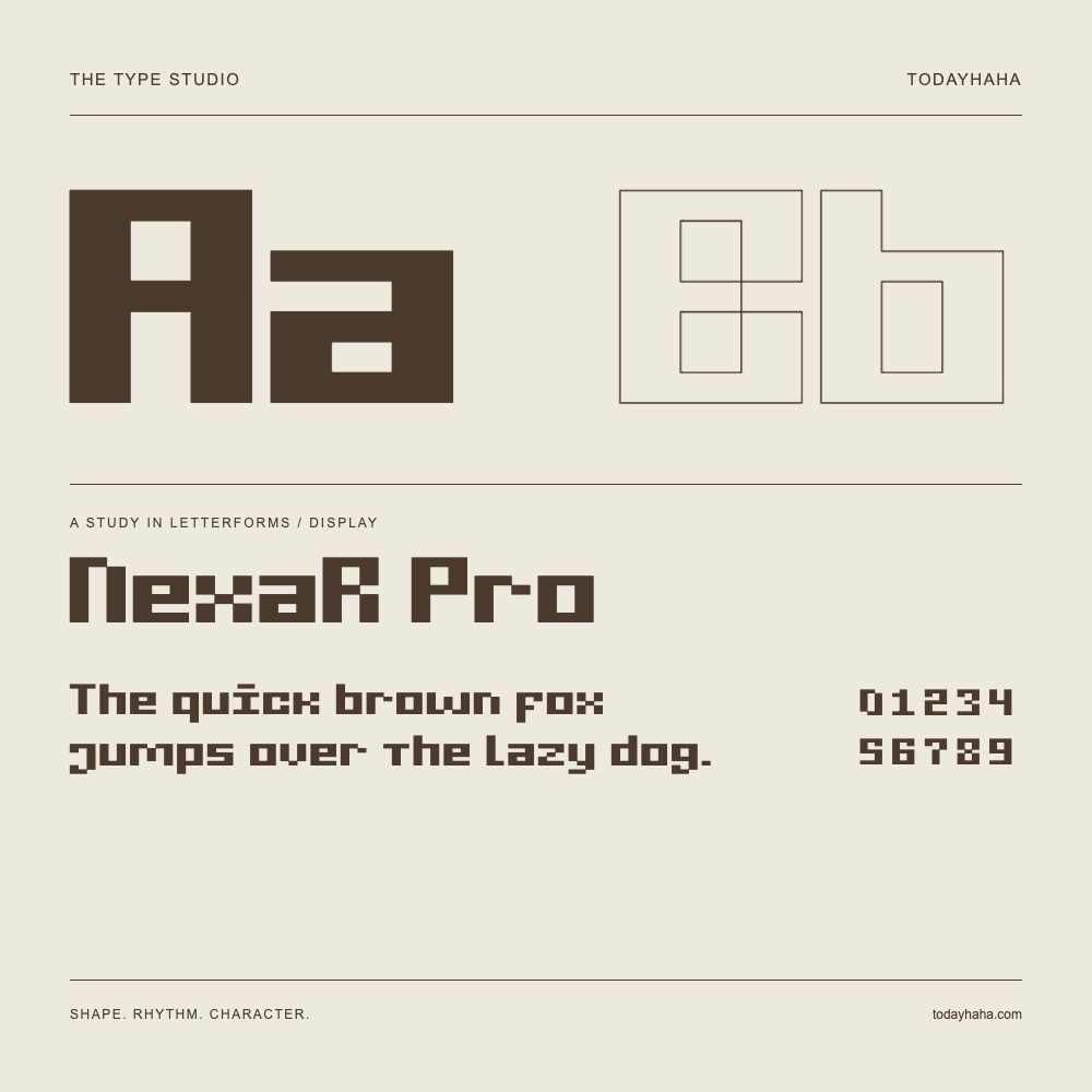 NexaR Pro — Letterform study with sample sentence and numbers