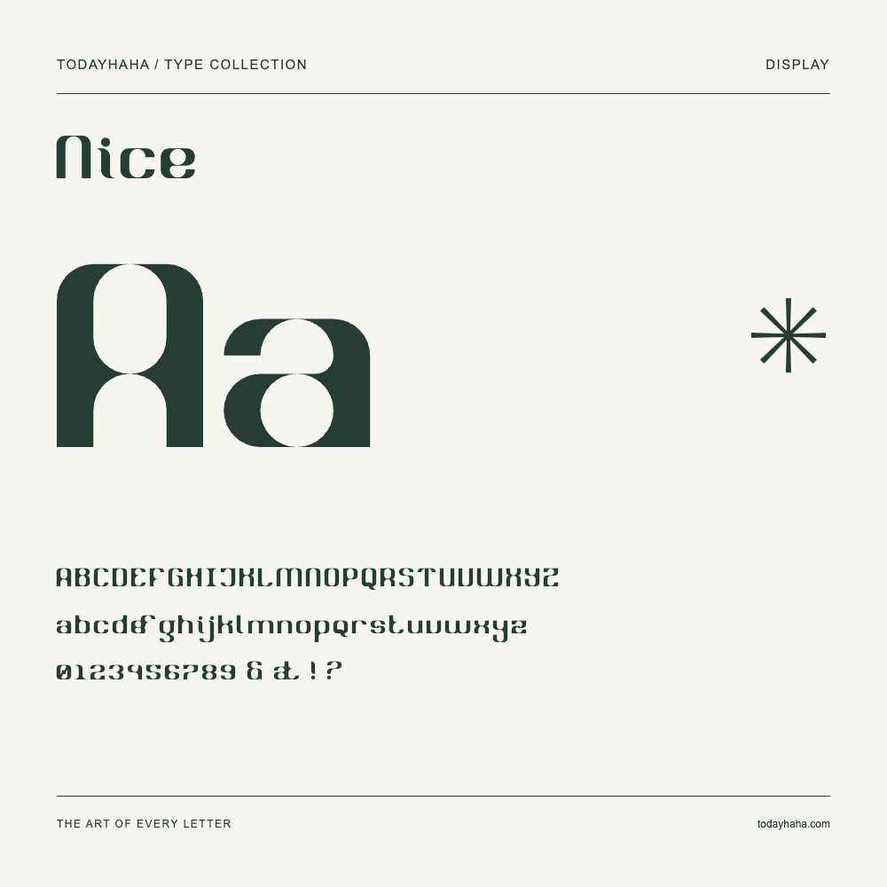 Nice — Font specimen with uppercase and lowercase letters and numbers