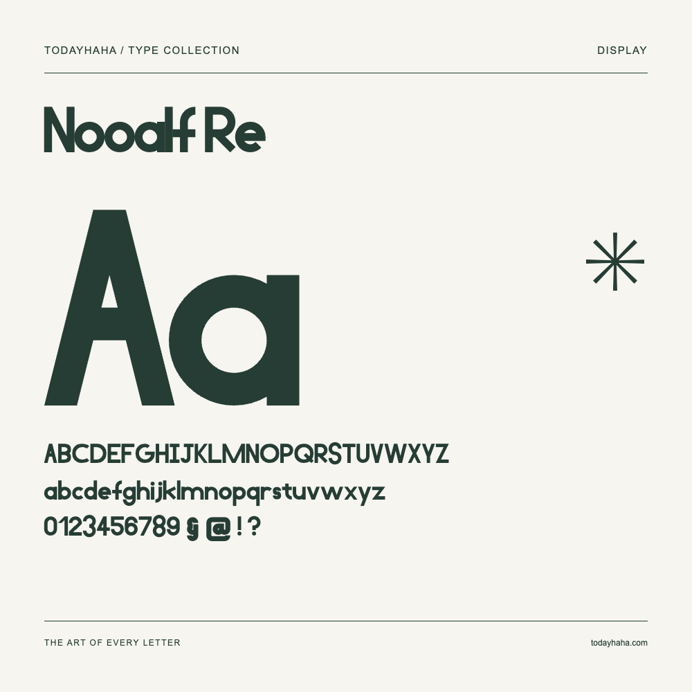 Nooalf Re — Font specimen with uppercase and lowercase letters and numbers