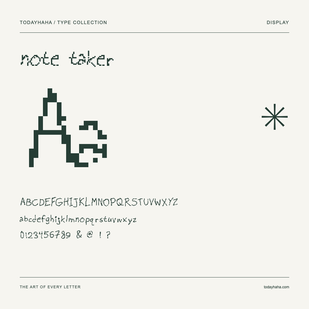 note taker — Amostra com letras maiúsculas, minúsculas e números