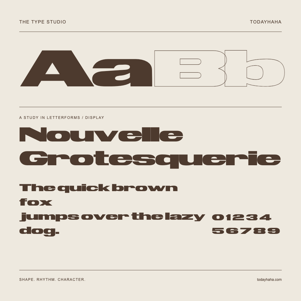Nouvelle Grotesquerie — Buchstabenstudie mit Beispielsatz und Ziffern