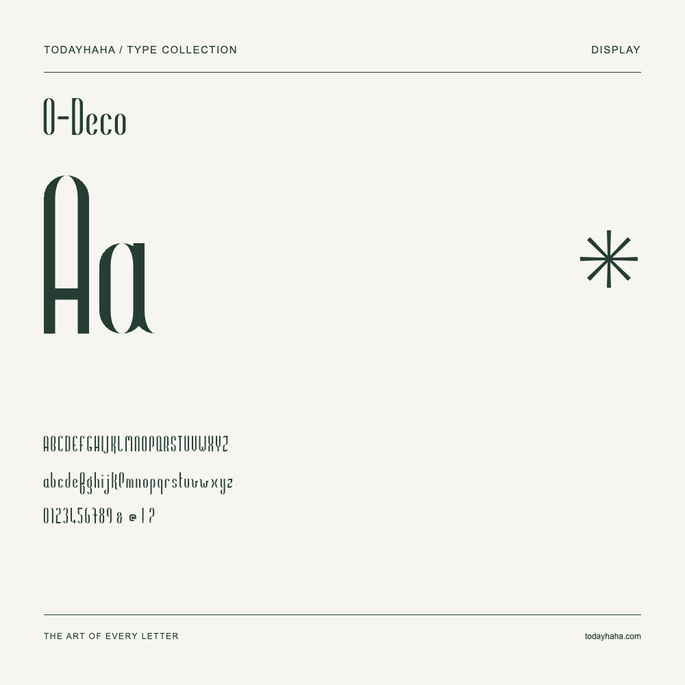 O-Deco — Schriftmuster mit Großbuchstaben, Kleinbuchstaben und Ziffern