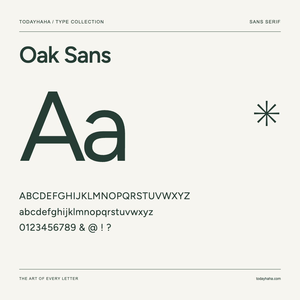 Oak Sans — Schriftmuster mit Großbuchstaben, Kleinbuchstaben und Ziffern