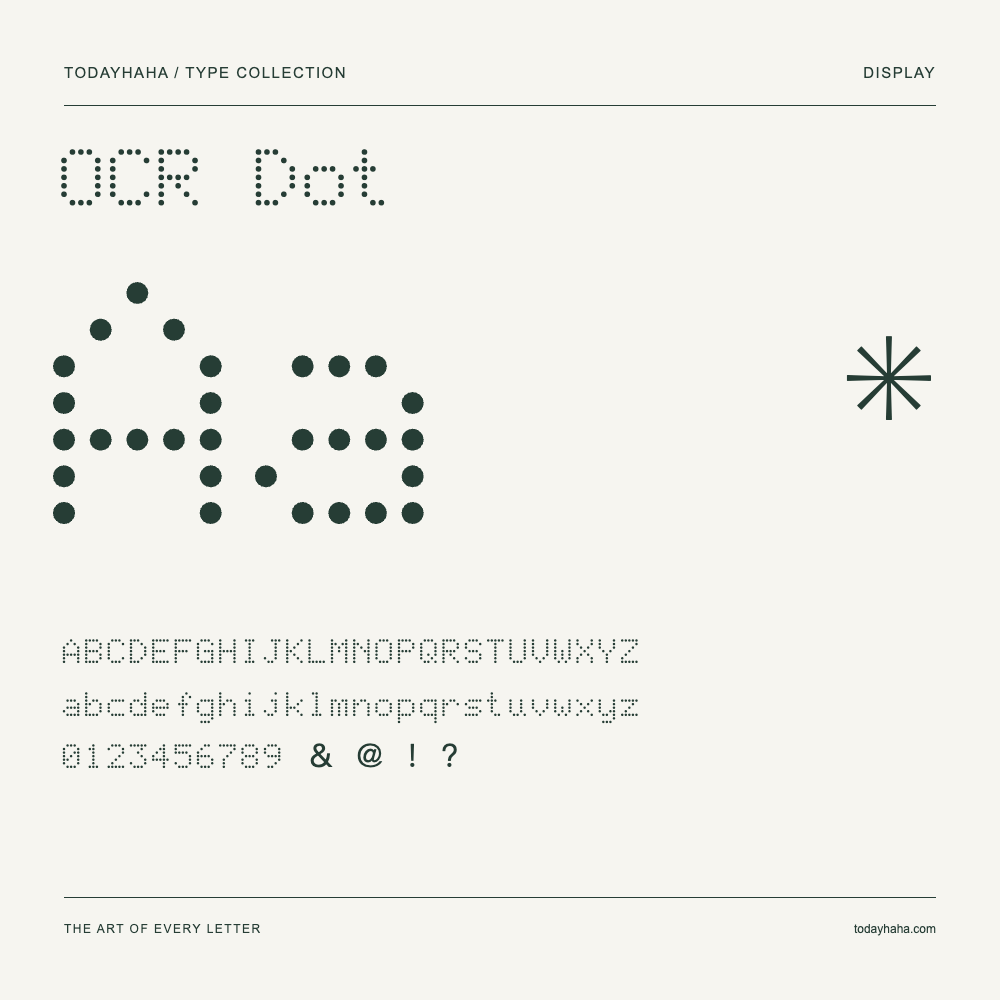 OCR Dot — Font specimen with uppercase and lowercase letters and numbers