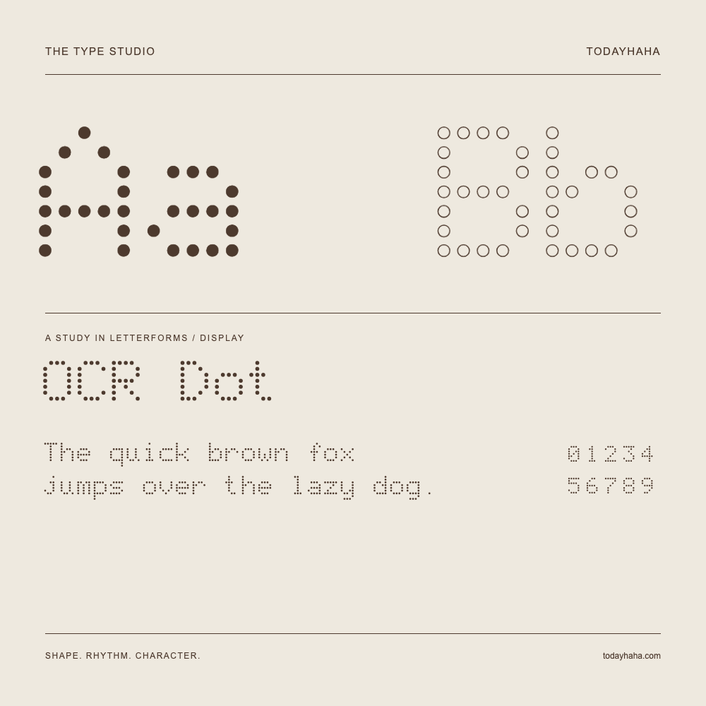 OCR Dot — Letterform study with sample sentence and numbers