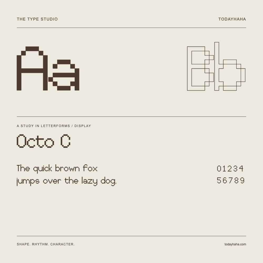Octo C — Letterform study with sample sentence and numbers