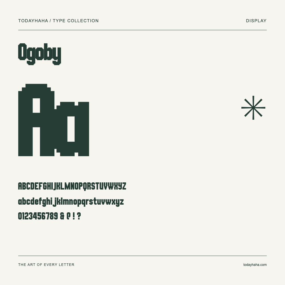 Ogoby — Spécimen avec majuscules, minuscules et chiffres