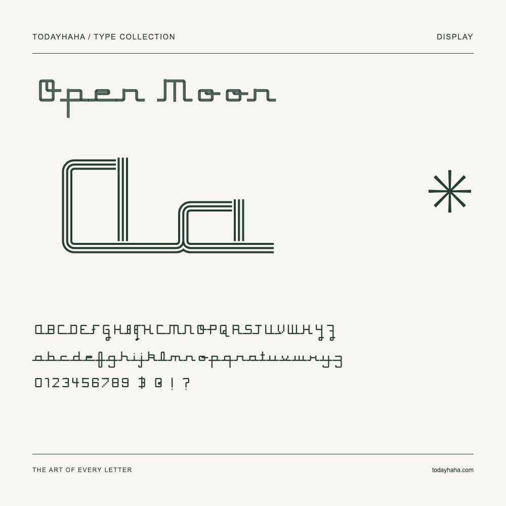 Open Moon — Spécimen avec majuscules, minuscules et chiffres