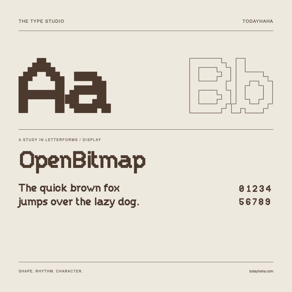 OpenBitmap — Buchstabenstudie mit Beispielsatz und Ziffern