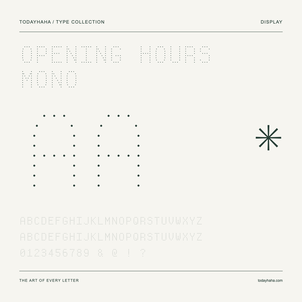 Opening Hours Mono — Spécimen avec majuscules, minuscules et chiffres