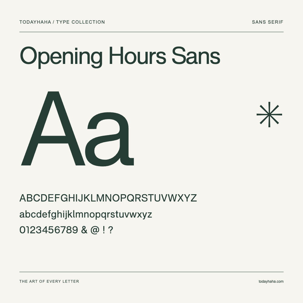 Opening Hours Sans — Spécimen avec majuscules, minuscules et chiffres