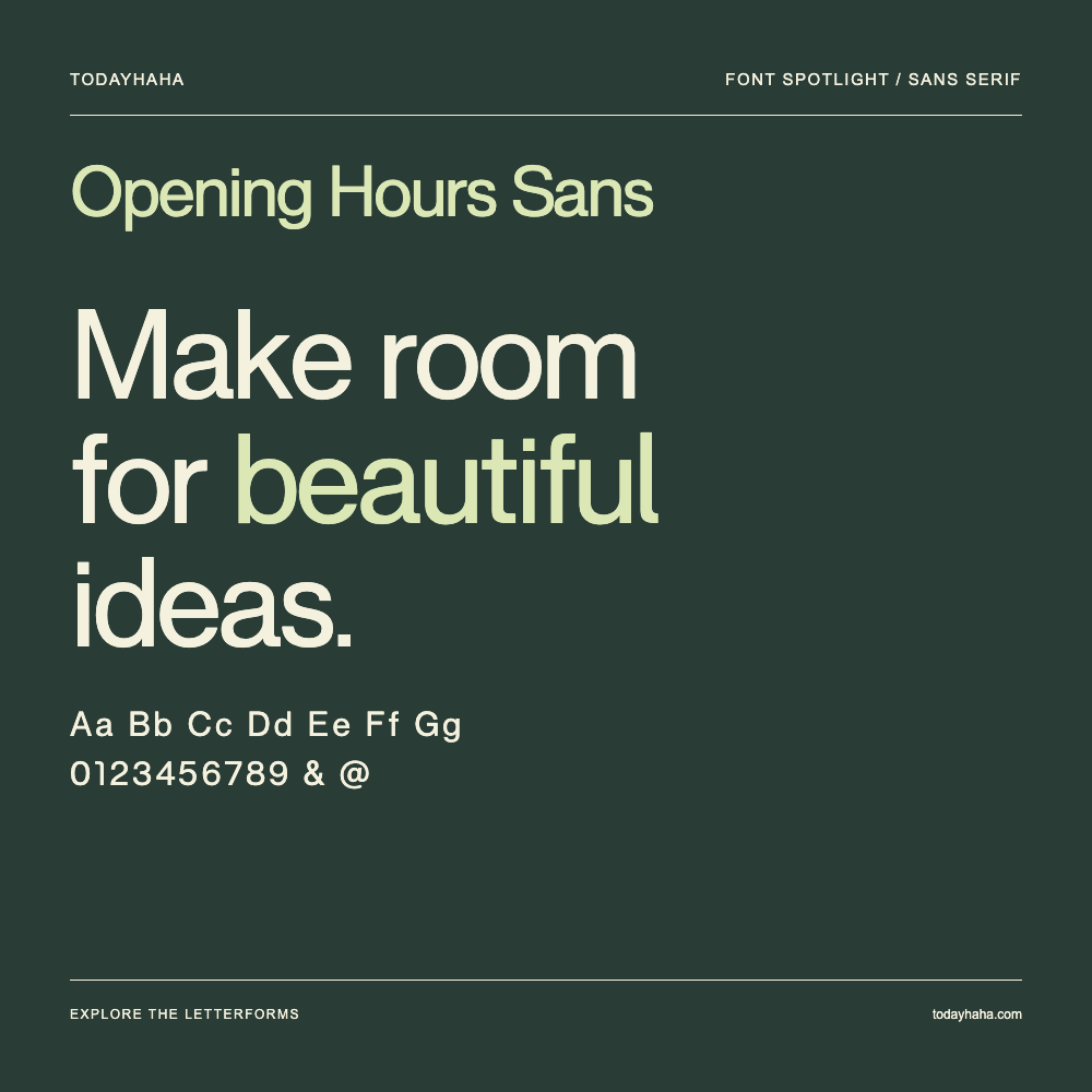Opening Hours Sans — Affiche typographique avec exemple de texte