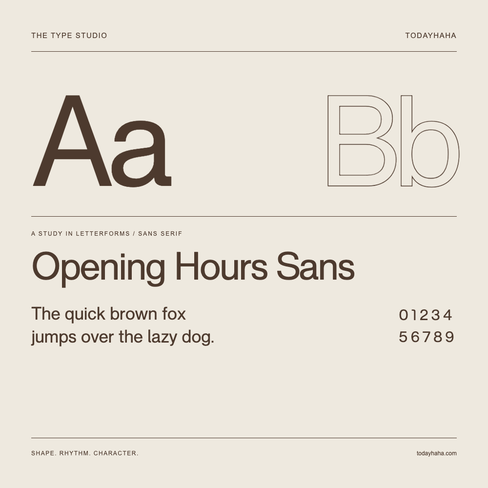 Opening Hours Sans — Étude des lettres avec une phrase et des chiffres