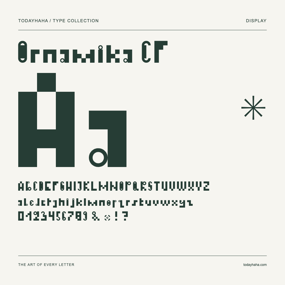 Ornamika CF — Font specimen with uppercase and lowercase letters and numbers