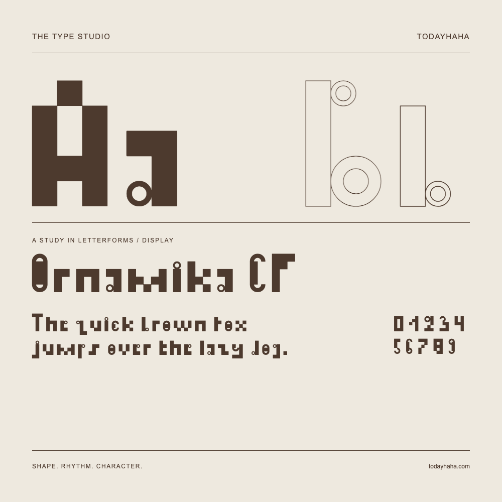 Ornamika CF — Letterform study with sample sentence and numbers