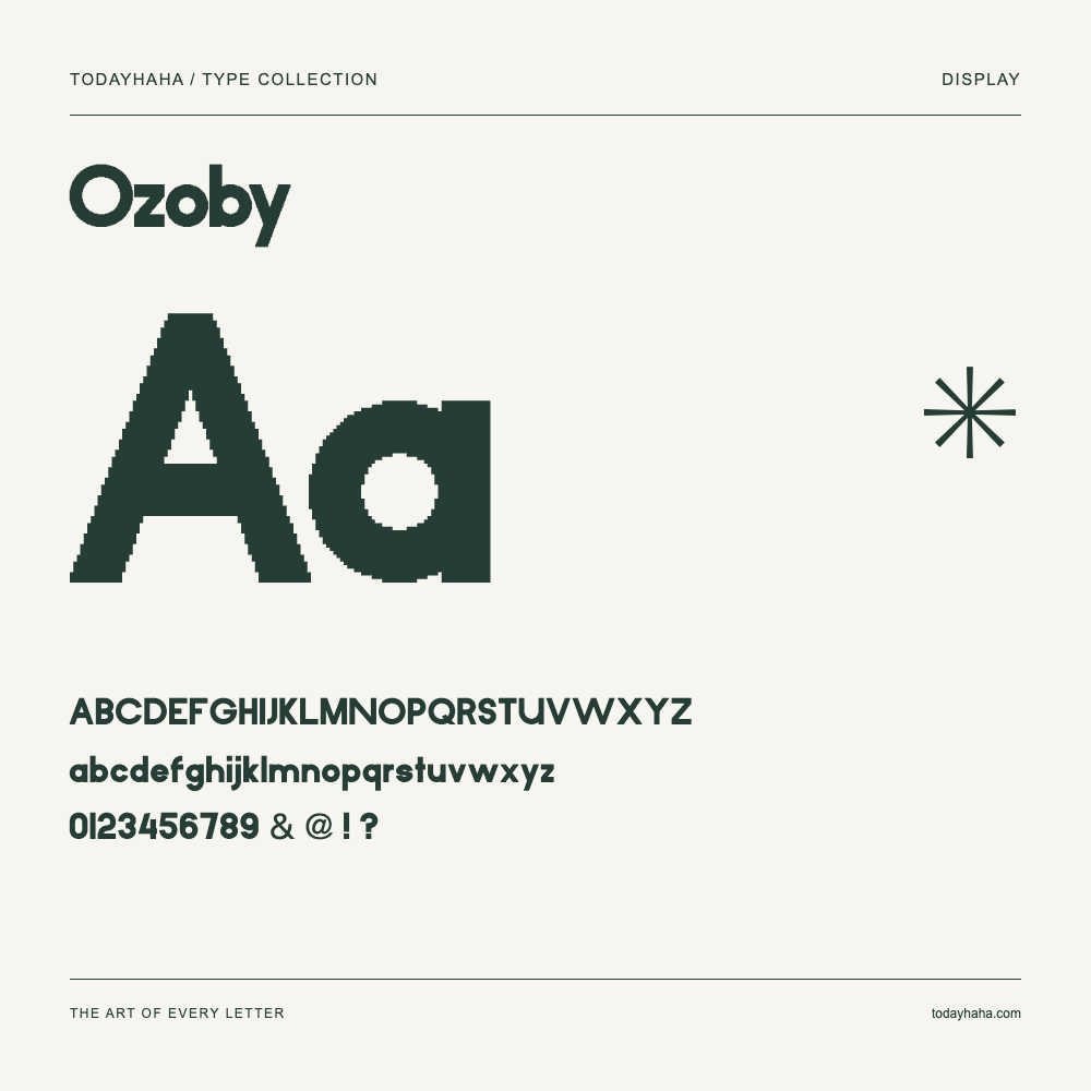 Ozoby — Schriftmuster mit Großbuchstaben, Kleinbuchstaben und Ziffern