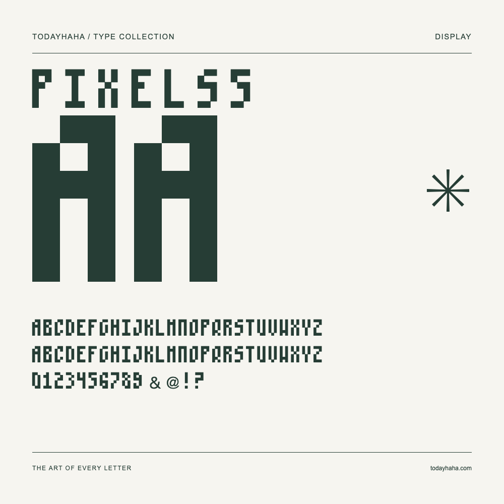 P I X E L S 5 — Font specimen with uppercase and lowercase letters and numbers