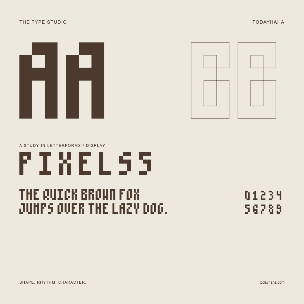 P I X E L S 5 — Letterform study with sample sentence and numbers