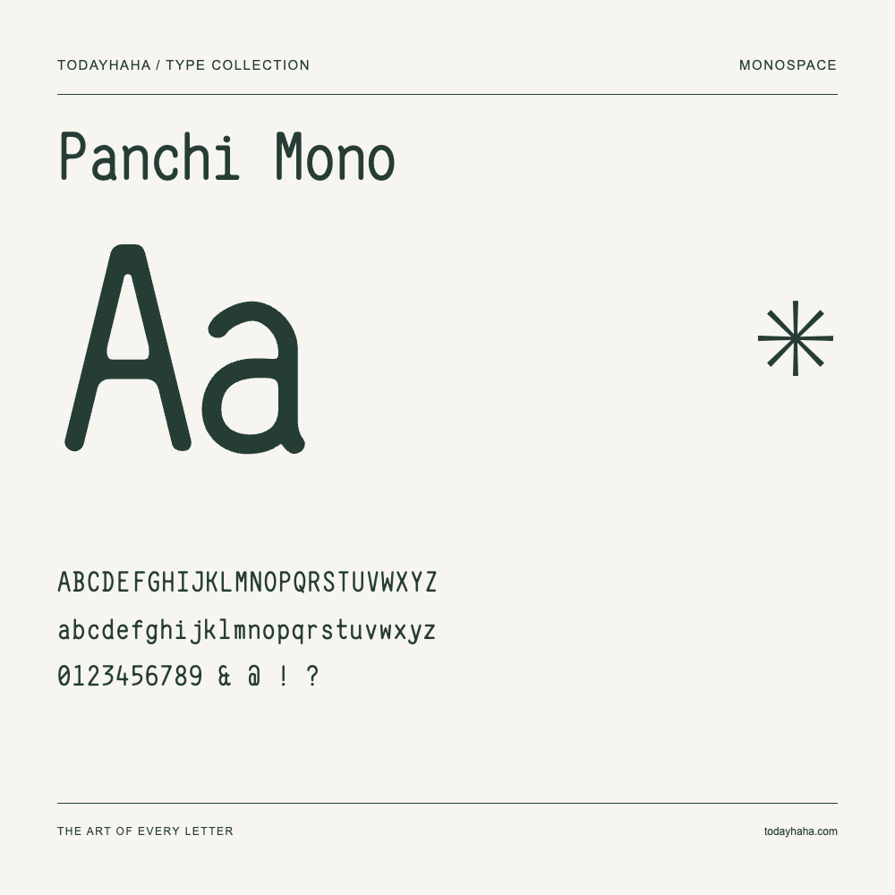Panchi Mono — Schriftmuster mit Großbuchstaben, Kleinbuchstaben und Ziffern