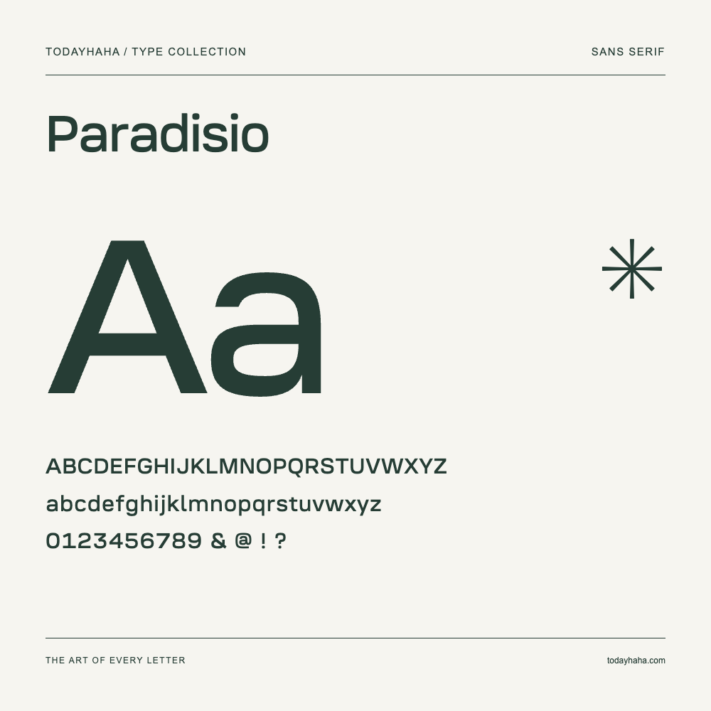 Paradisio — Schriftmuster mit Großbuchstaben, Kleinbuchstaben und Ziffern