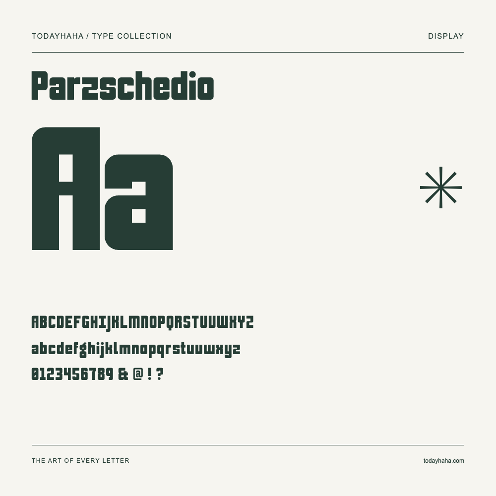 Parzschedio — Font specimen with uppercase and lowercase letters and numbers