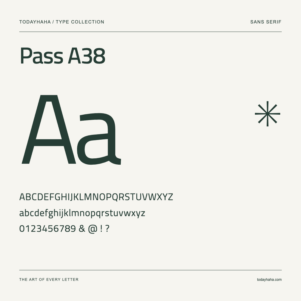 Pass A38 — Font specimen with uppercase and lowercase letters and numbers
