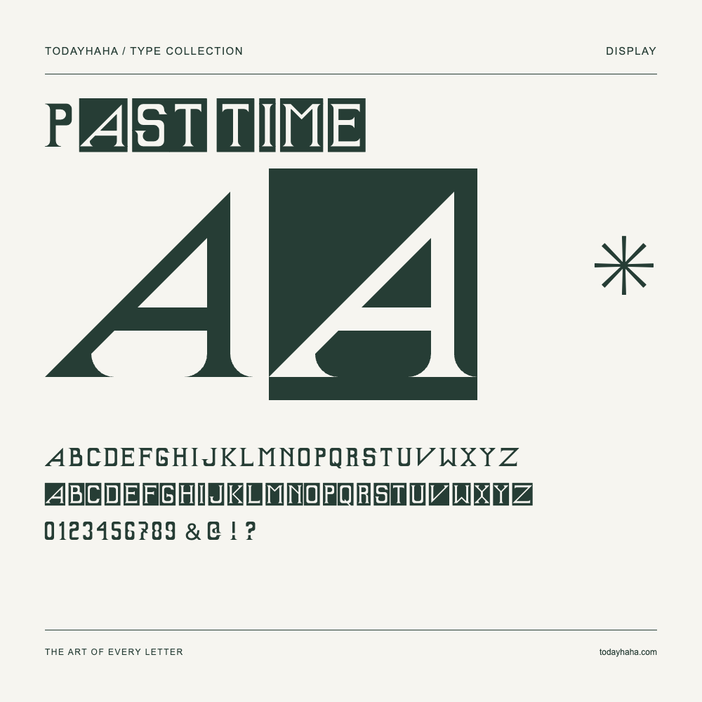 Past time — Font specimen with uppercase and lowercase letters and numbers