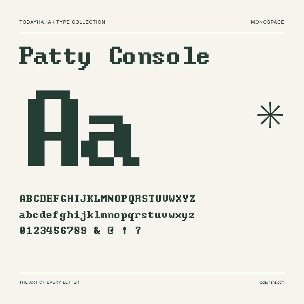 Patty Console — Amostra com letras maiúsculas, minúsculas e números