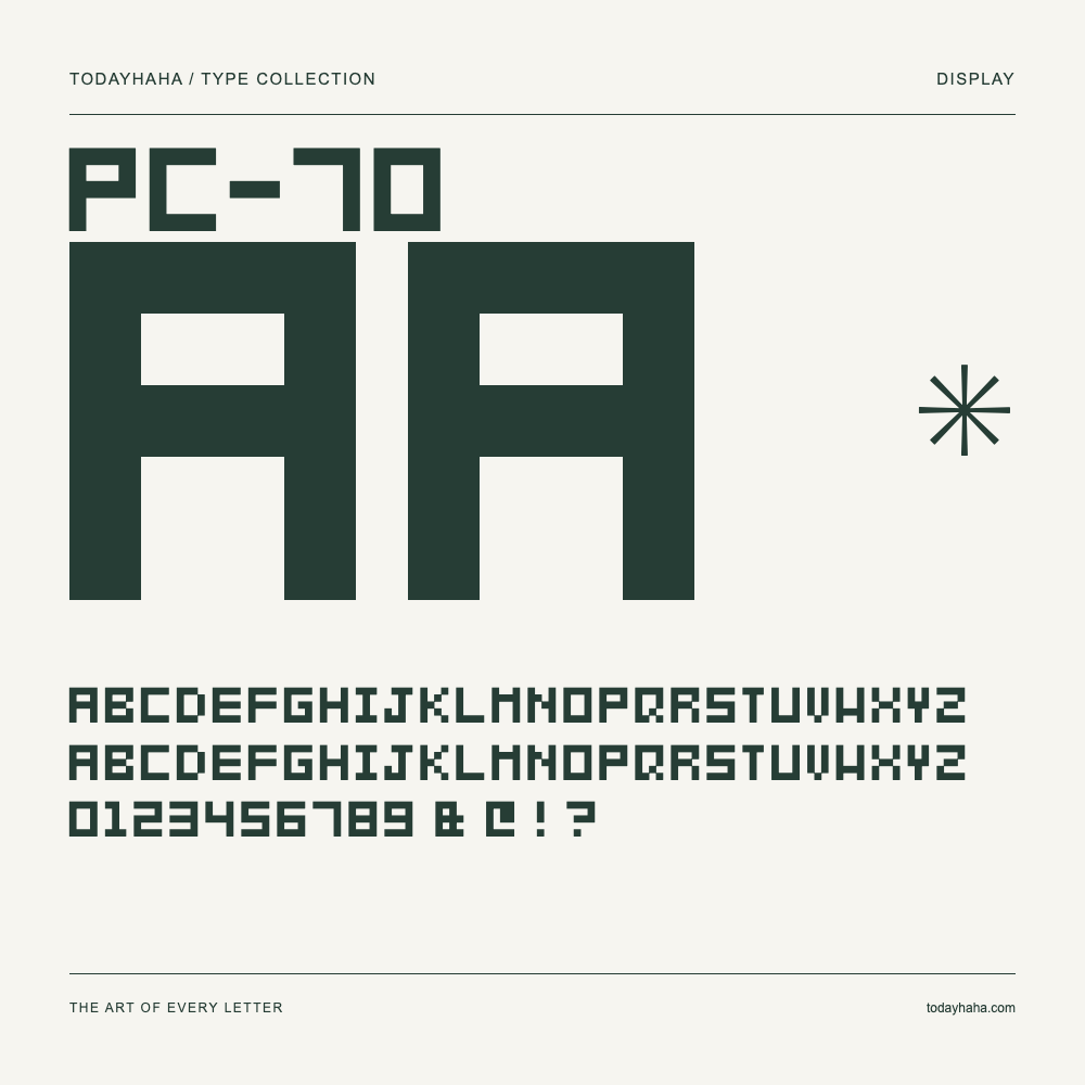 PC-70 — Spécimen avec majuscules, minuscules et chiffres