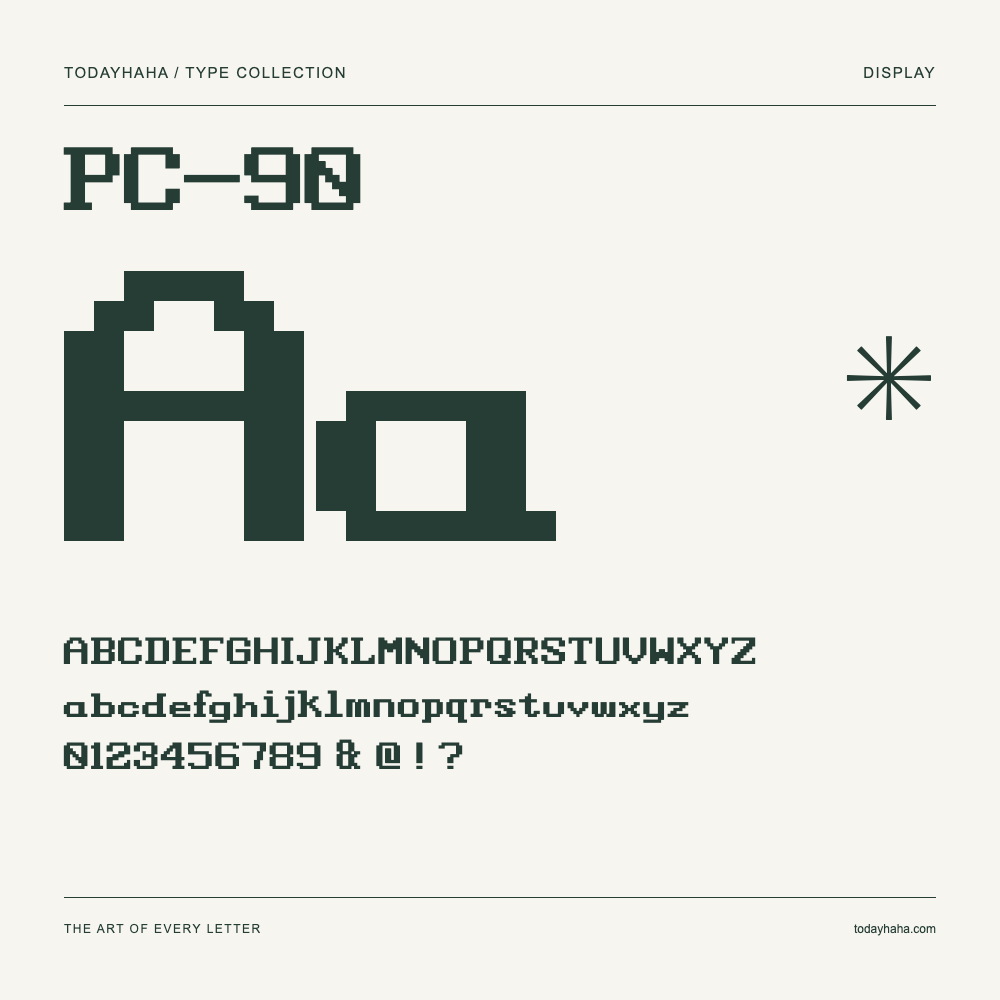 PC-90 — Spécimen avec majuscules, minuscules et chiffres