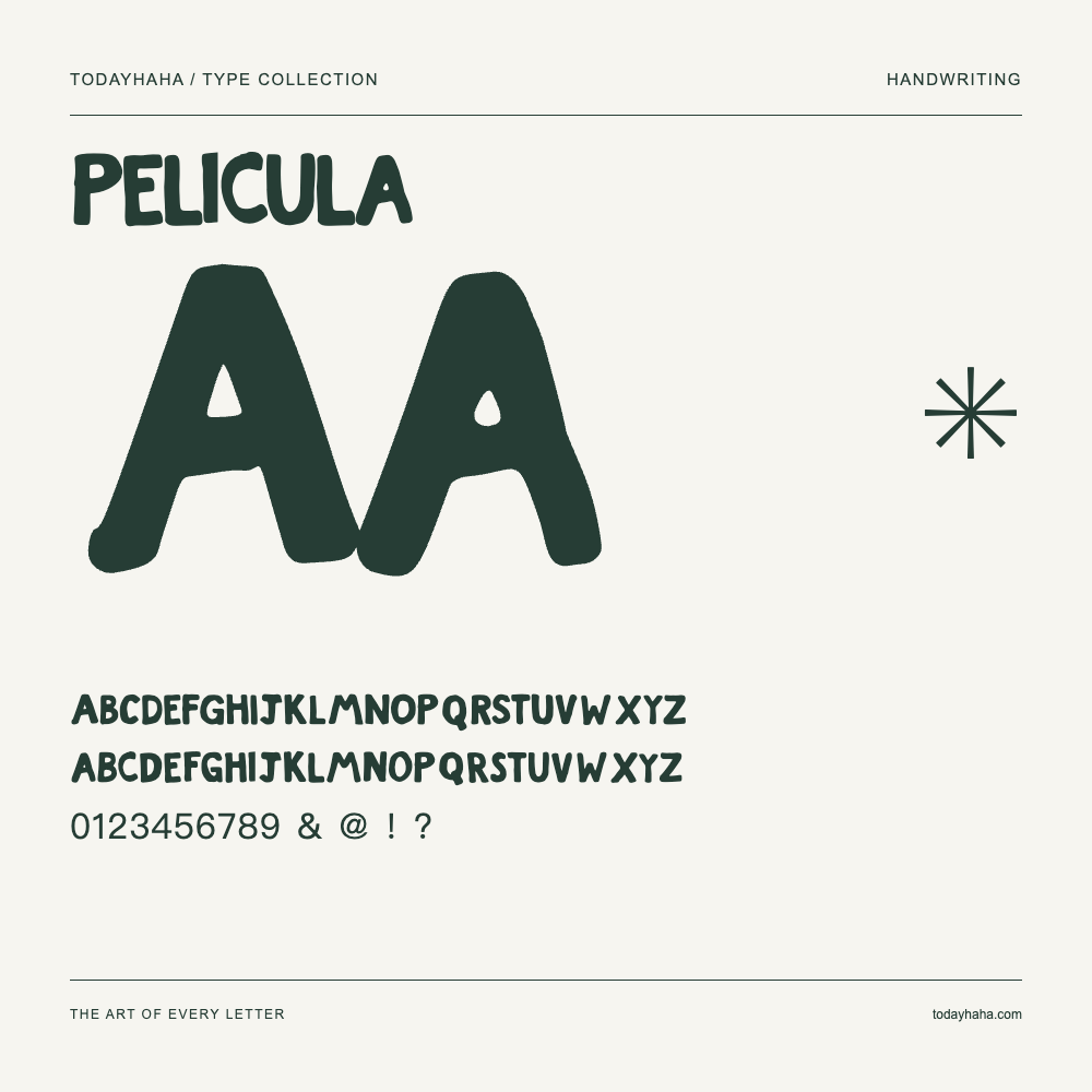 Pelicula — Spécimen avec majuscules, minuscules et chiffres