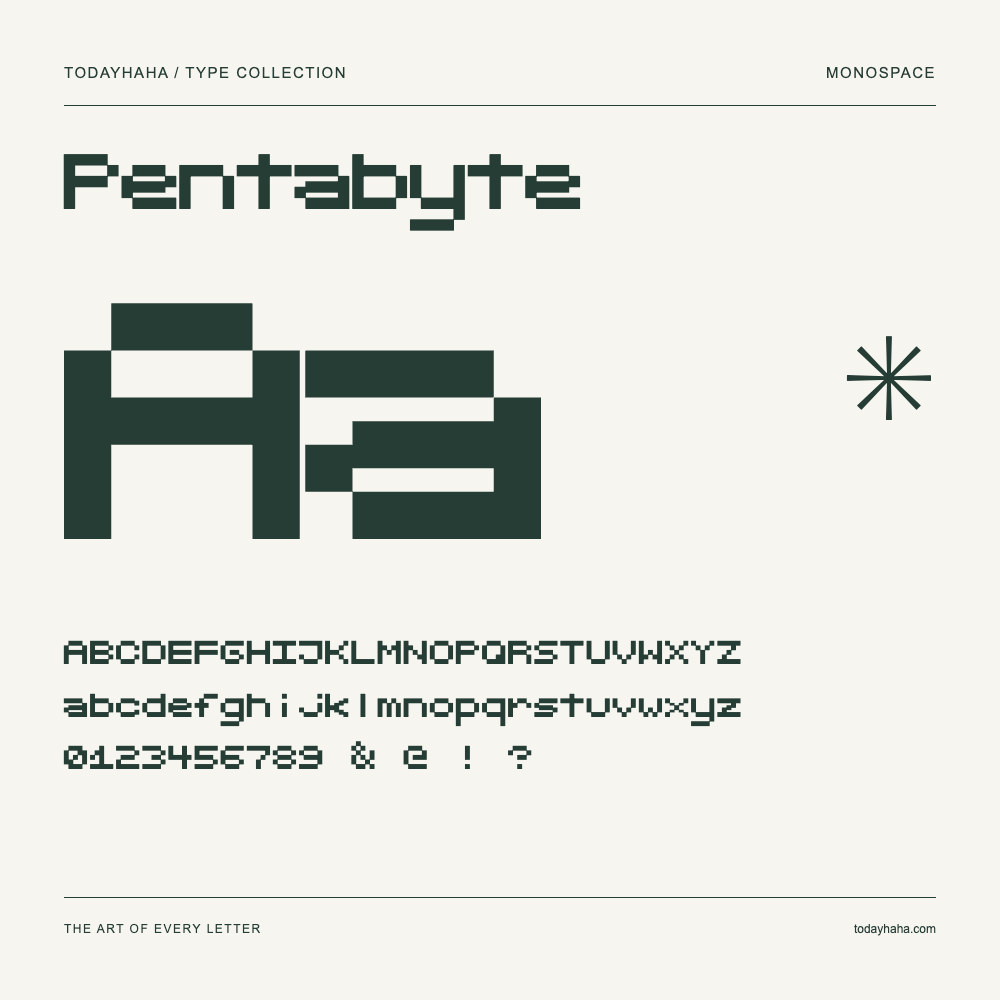 Pentabyte — Schriftmuster mit Großbuchstaben, Kleinbuchstaben und Ziffern