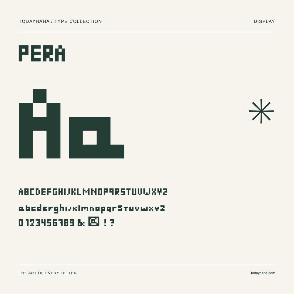 PERA — Schriftmuster mit Großbuchstaben, Kleinbuchstaben und Ziffern