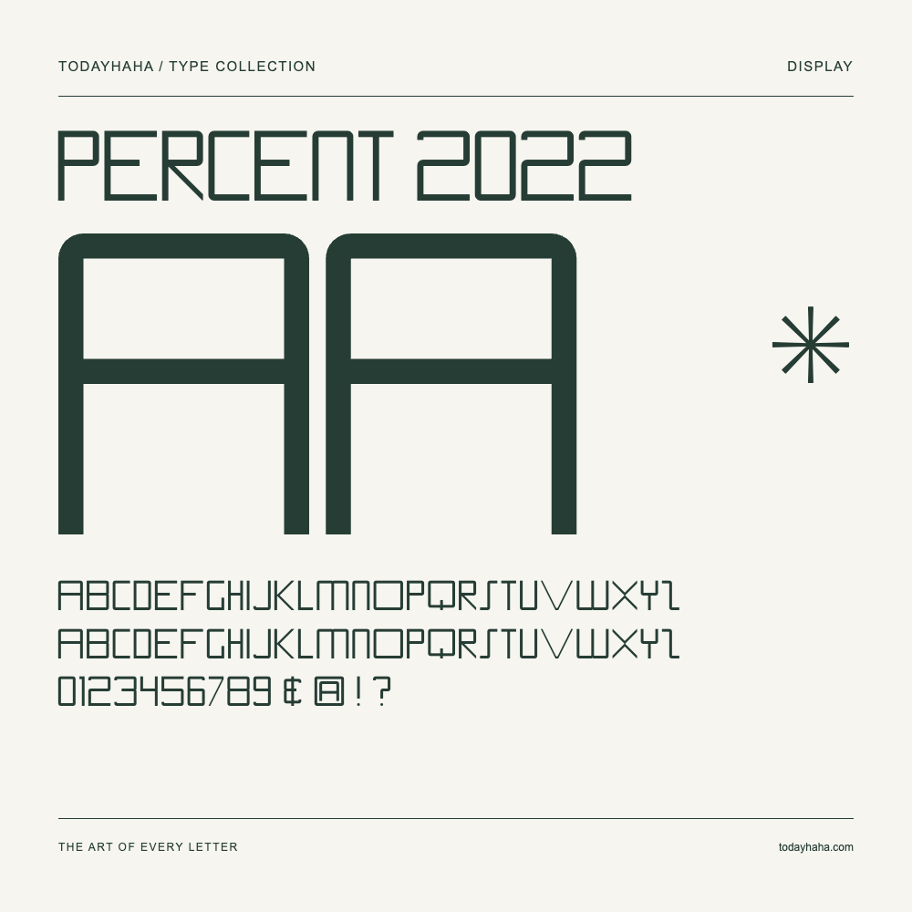 Percent 2022 — Schriftmuster mit Großbuchstaben, Kleinbuchstaben und Ziffern