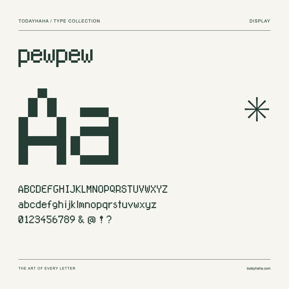 pewpew — Font specimen with uppercase and lowercase letters and numbers