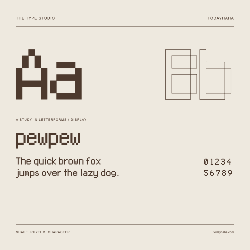 pewpew — Letterform study with sample sentence and numbers