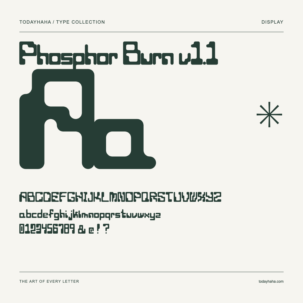 Phosphor Burn v1.1 — Font specimen with uppercase and lowercase letters and numbers