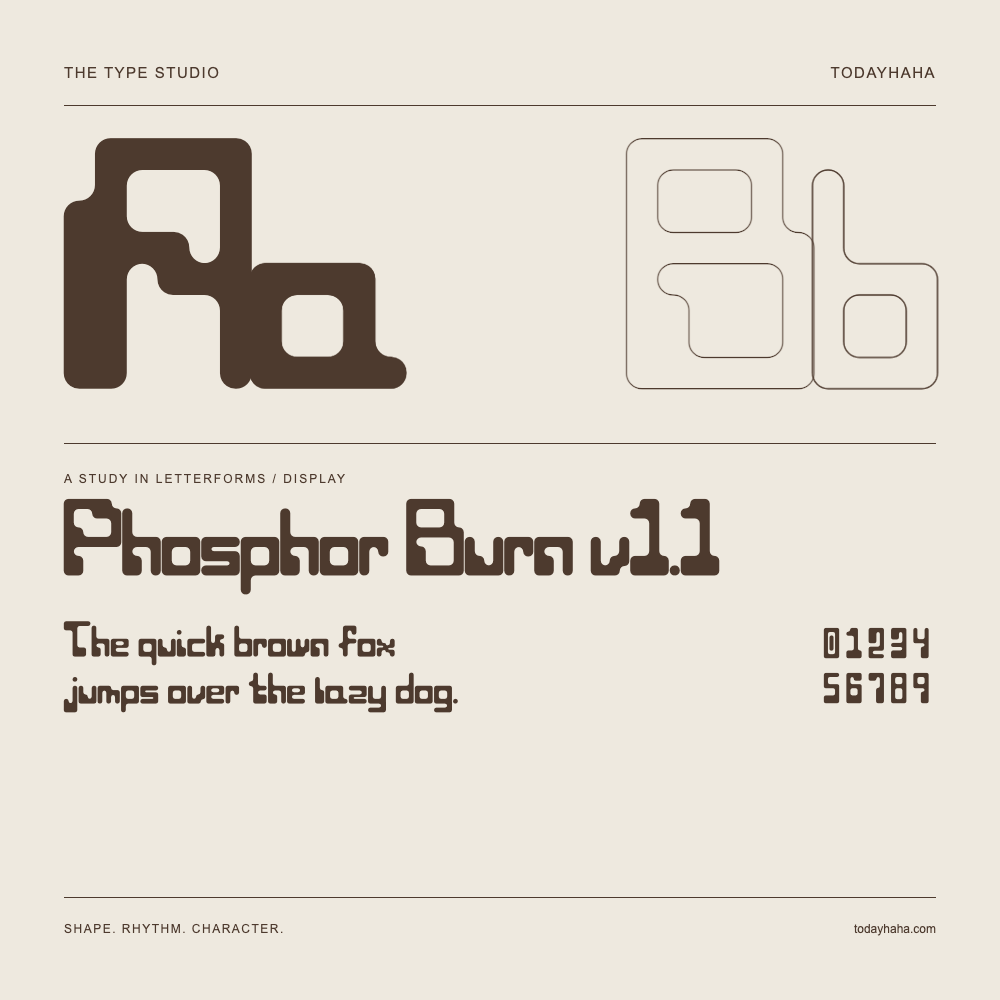 Phosphor Burn v1.1 — Letterform study with sample sentence and numbers