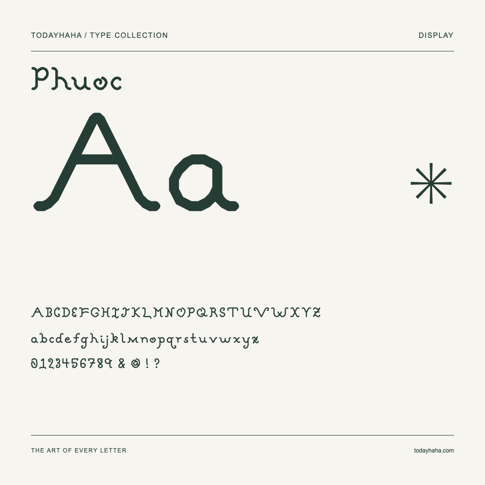 Phuoc — Schriftmuster mit Großbuchstaben, Kleinbuchstaben und Ziffern