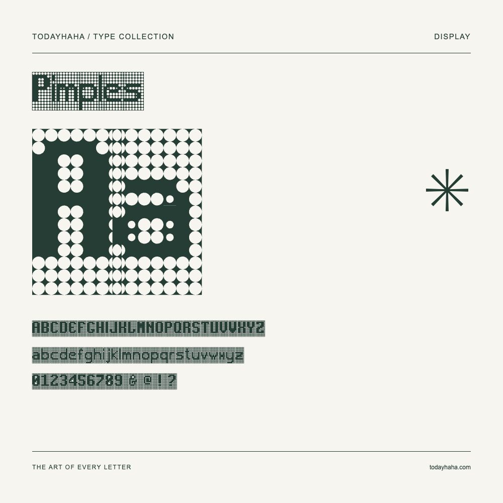 Pimples — Schriftmuster mit Großbuchstaben, Kleinbuchstaben und Ziffern