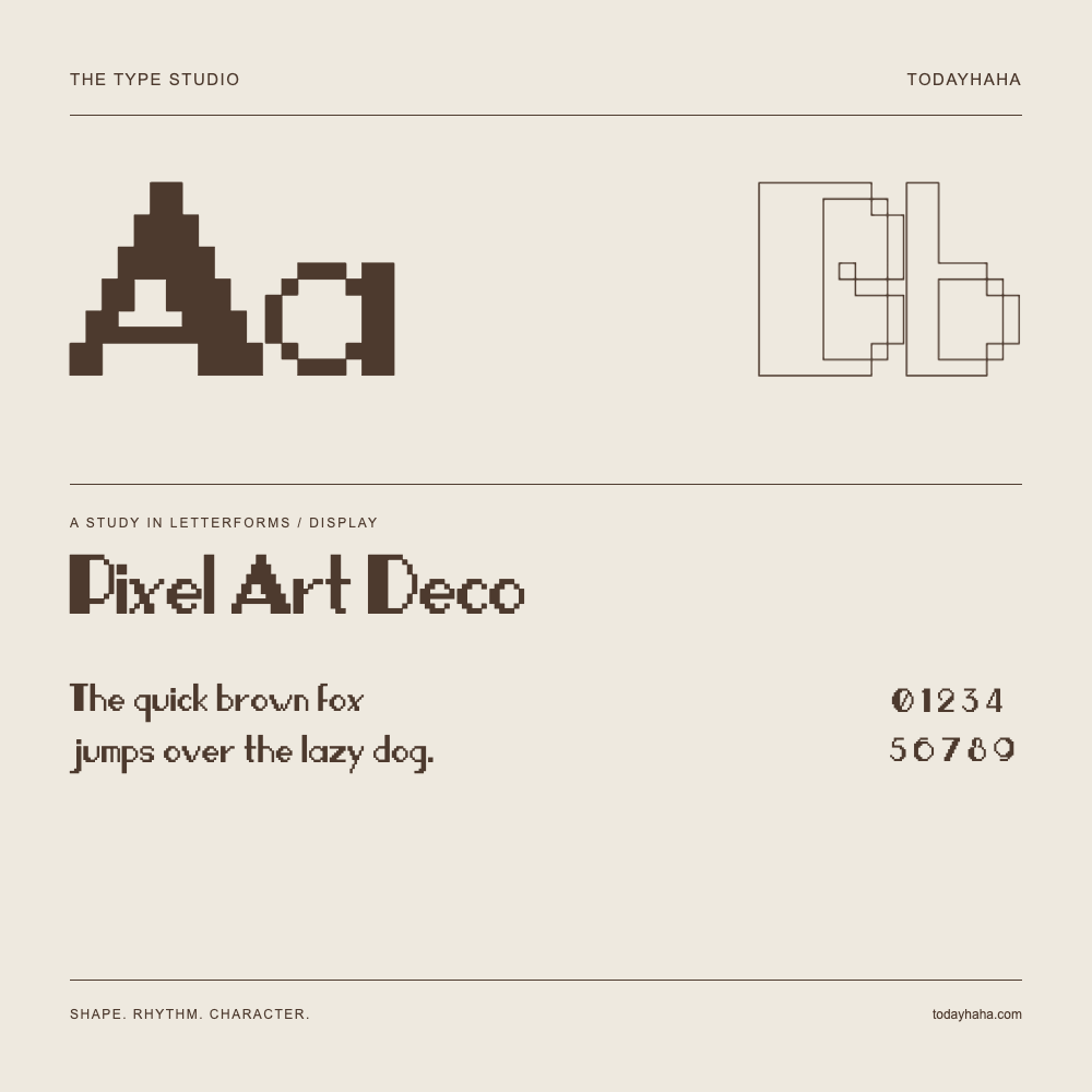 Pixel Art Deco — Buchstabenstudie mit Beispielsatz und Ziffern