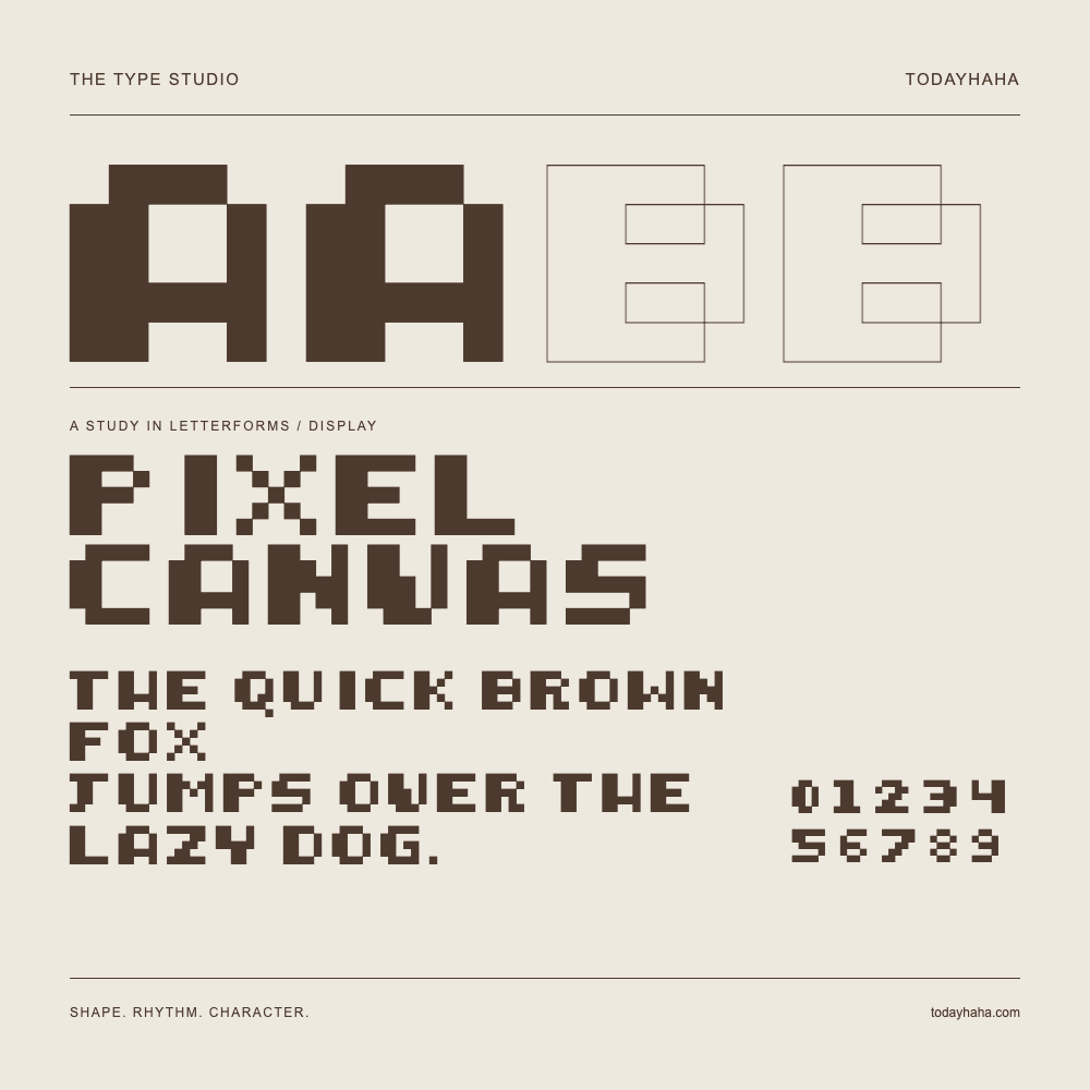 Pixel Canvas — Buchstabenstudie mit Beispielsatz und Ziffern