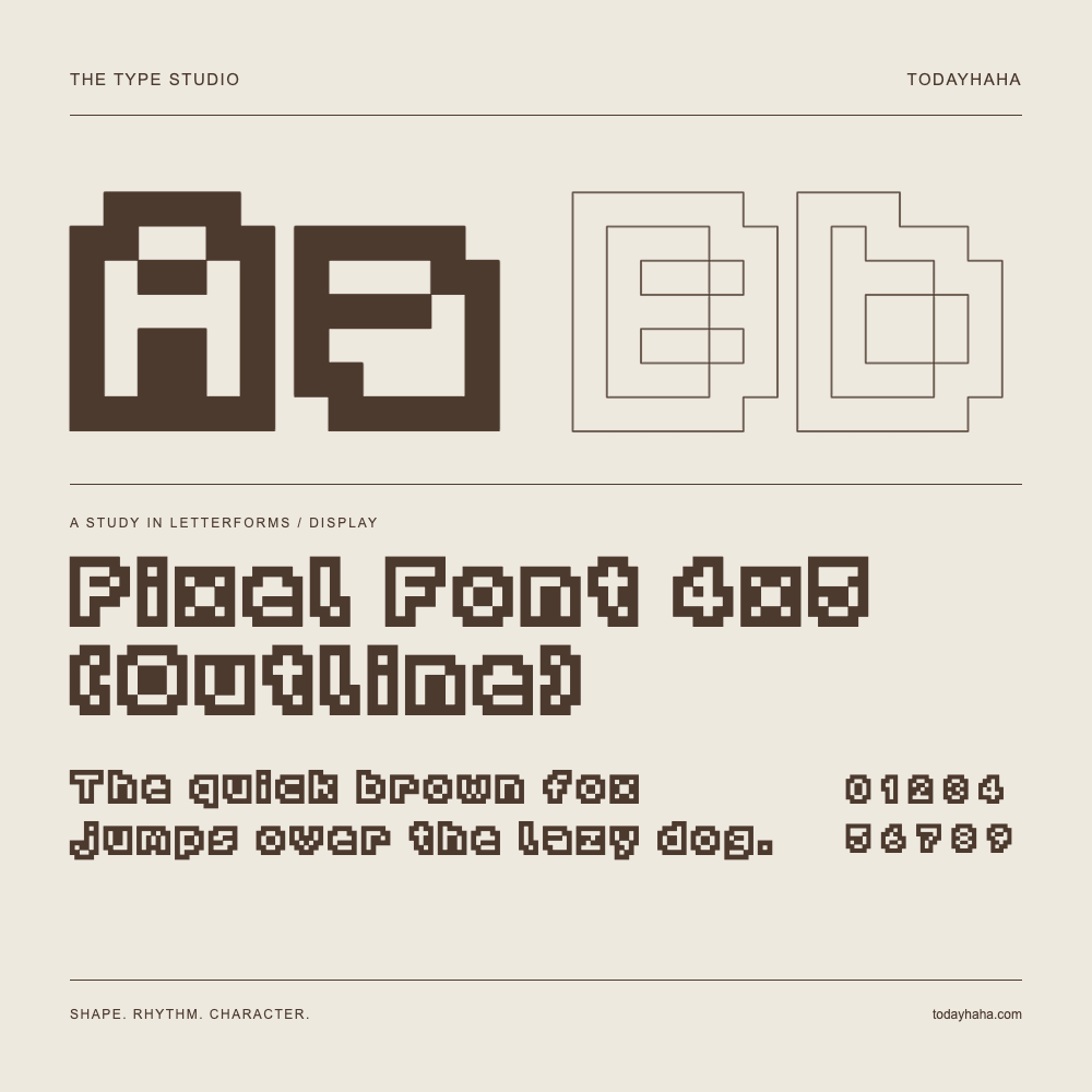 Pixel Font 4x5 (Outline) — Buchstabenstudie mit Beispielsatz und Ziffern
