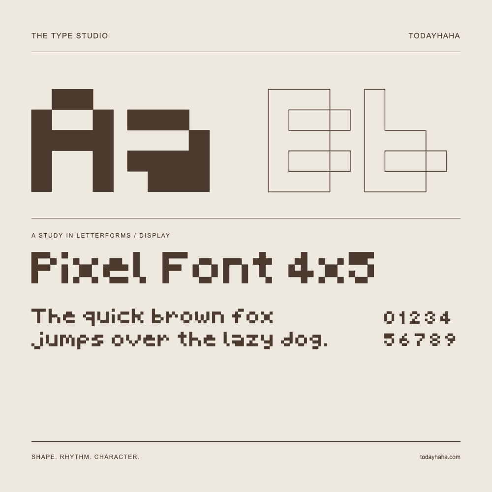 Pixel Font 4x5 — Letterform study with sample sentence and numbers