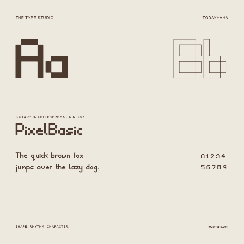 PixelBasic — Buchstabenstudie mit Beispielsatz und Ziffern