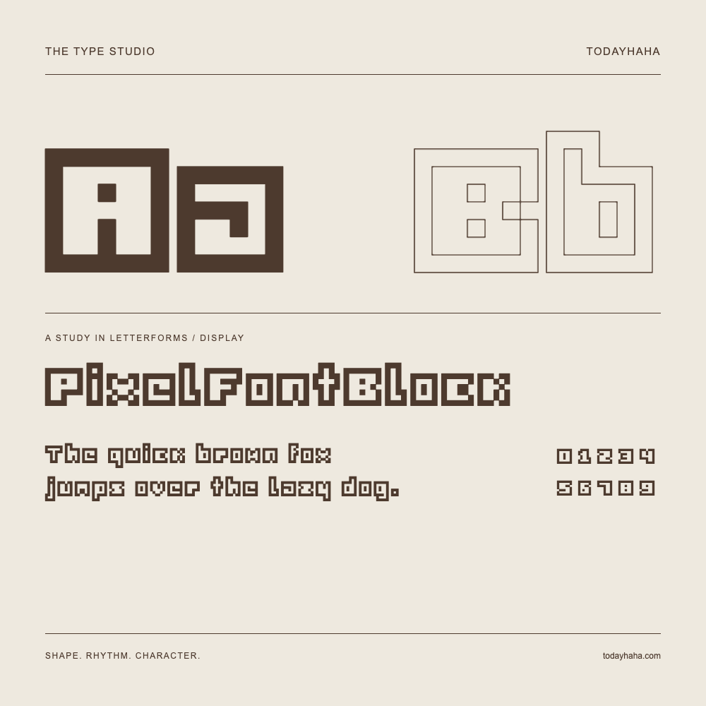 PixelFontBlock — Buchstabenstudie mit Beispielsatz und Ziffern