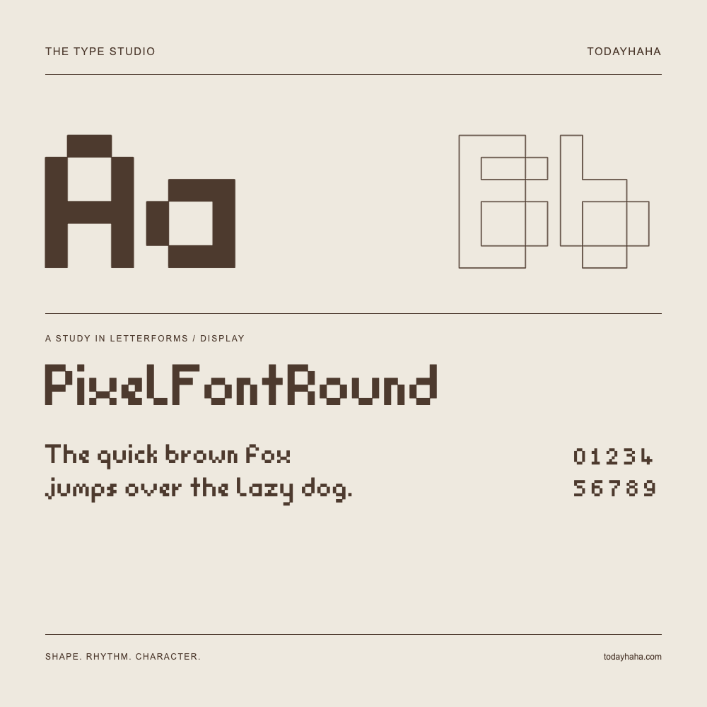 PixelFontRound — Studio delle lettere con frase e numeri