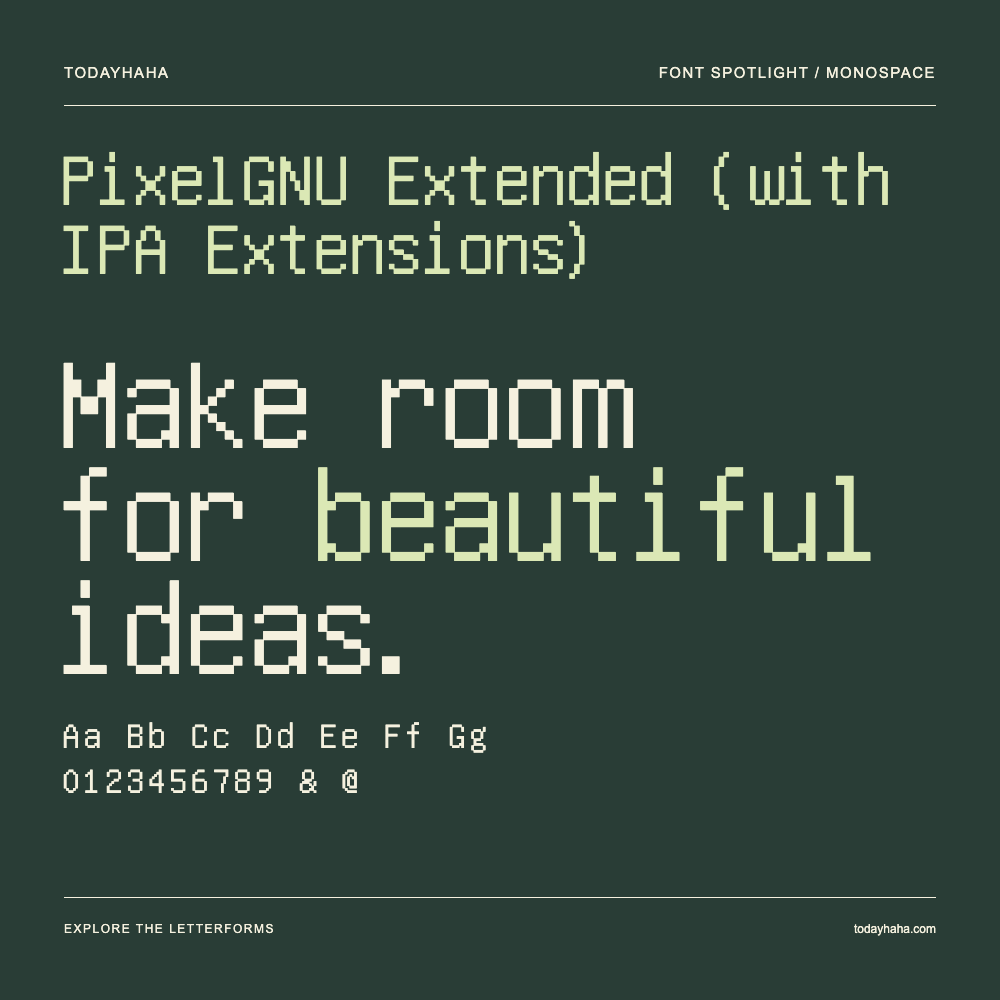 PixelGNU Extended (with IPA Extensions) — Typografieposter mit Beispieltext