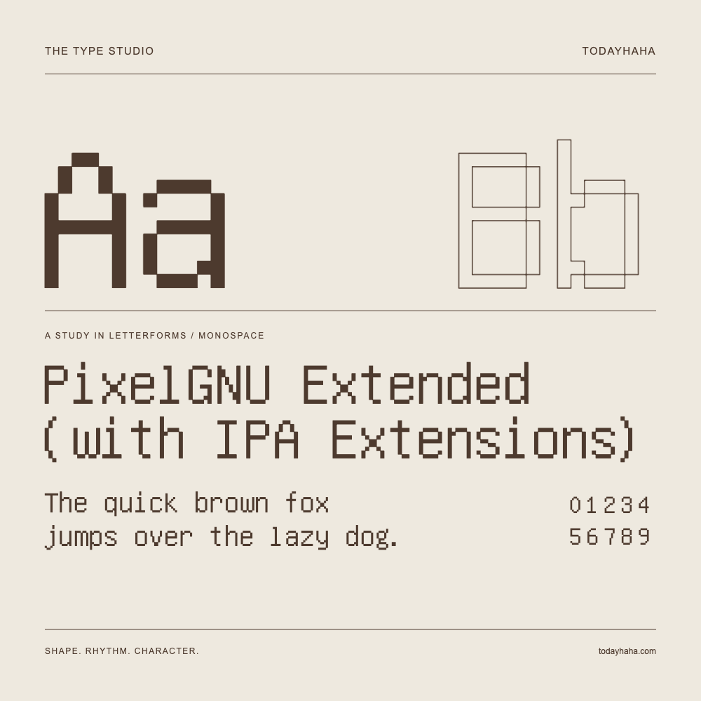 PixelGNU Extended (with IPA Extensions) — Buchstabenstudie mit Beispielsatz und Ziffern