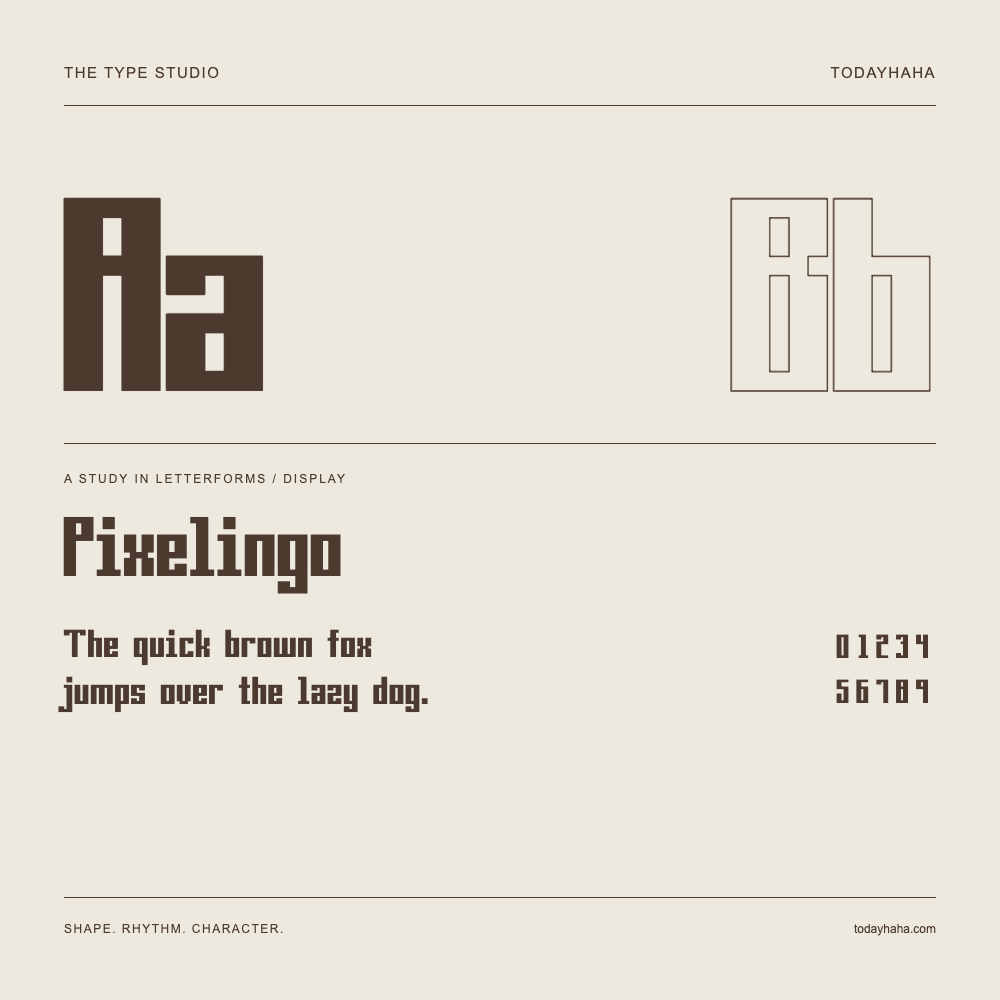 Pixelingo — Letterform study with sample sentence and numbers